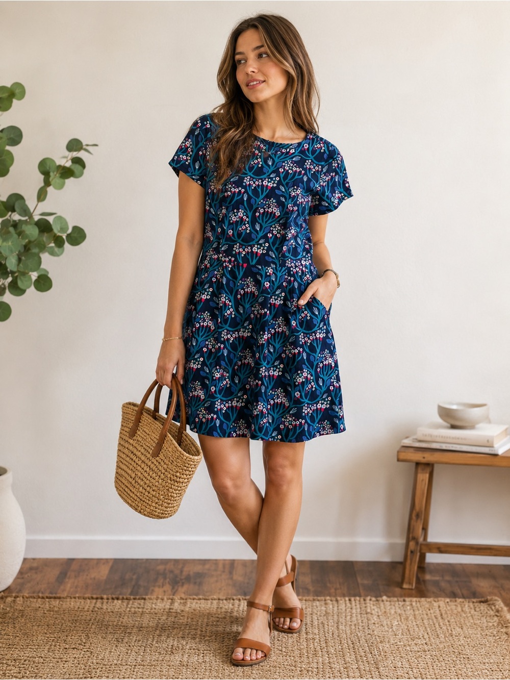 Birds of North America Engoulevent Navy Floral Short-Sleeve Mini Dress